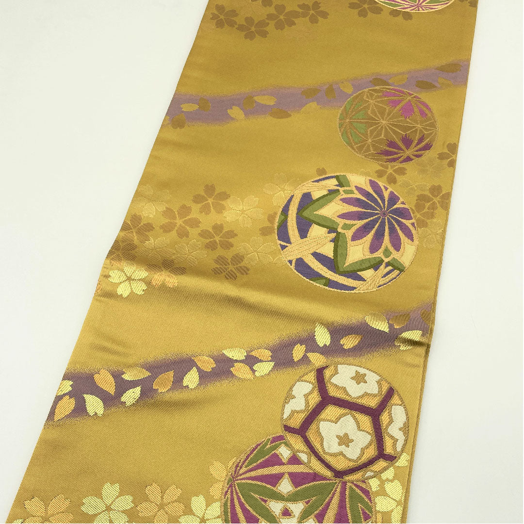 袋帯 桑染色(くわぞめいろ) 振袖用 桜 毬 帯丈444cm 正絹 Aランク 六通 フォーマル 金系 1123005183321