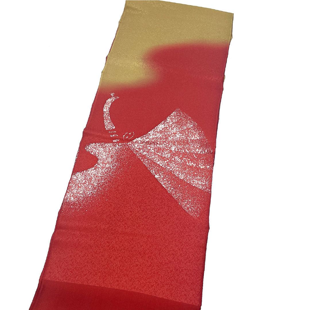 S-Rank Silk Obiage (Semi-Formal) - Shrimp Green and Fallen Leaf Green with Abstract Pattern, Two-Tone Design, Approximately 176cm Long, 29.5cm Wide, Red, Product Number: 1136001602912