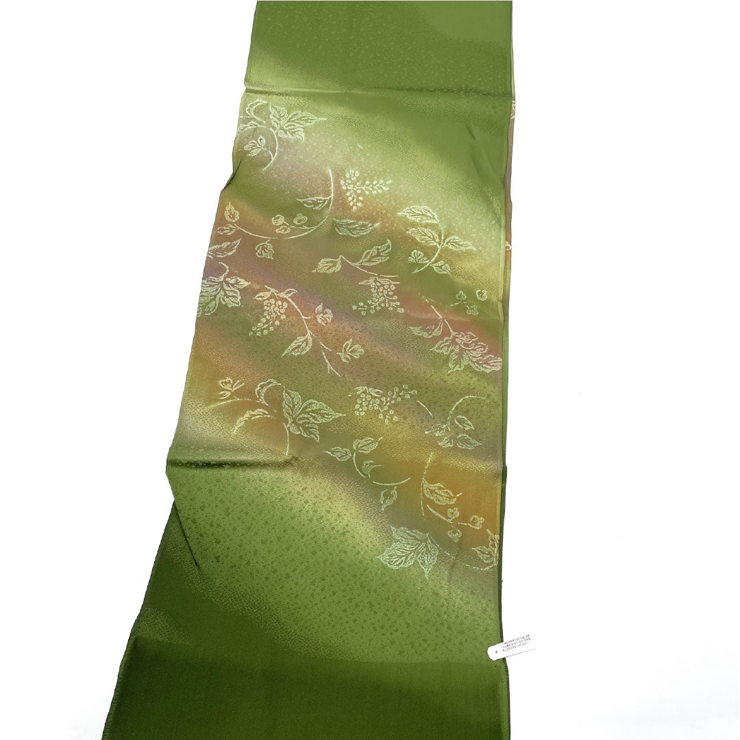 (新古品) 帯締め・帯揚げセット 正絹 NEWランク 桑染色(くわぞめいろ) 手ぐみ 青丹色(あおにいろ) 植物模様 長さ約160cm 幅約1.7cm セミフォーマル 緑系 1141000541319