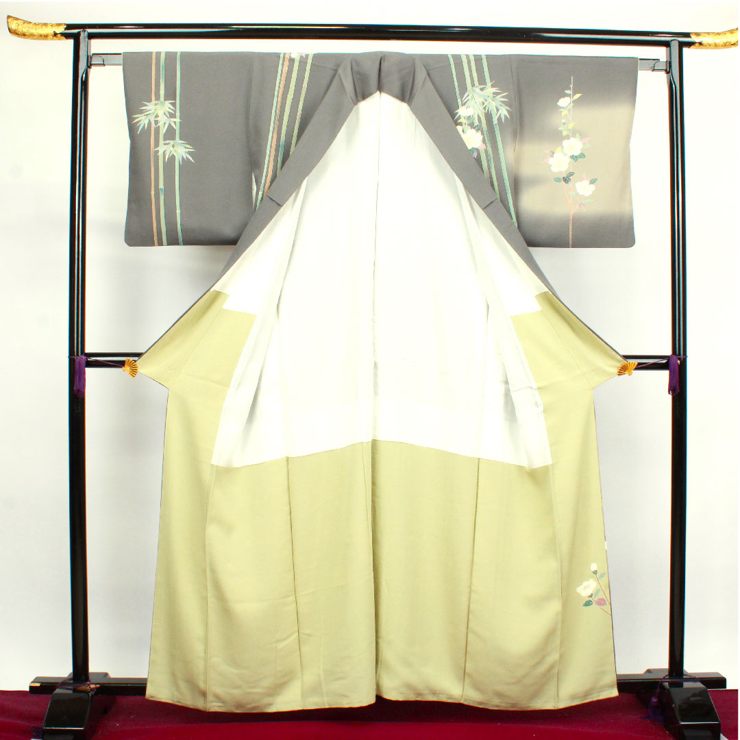 Homongi, lined, length 160cm, sleeve length 63cm, plain grey, artist's work, Kaga plant dyeing, bamboo, plum, pure silk, A rank, grey, 1112002673422