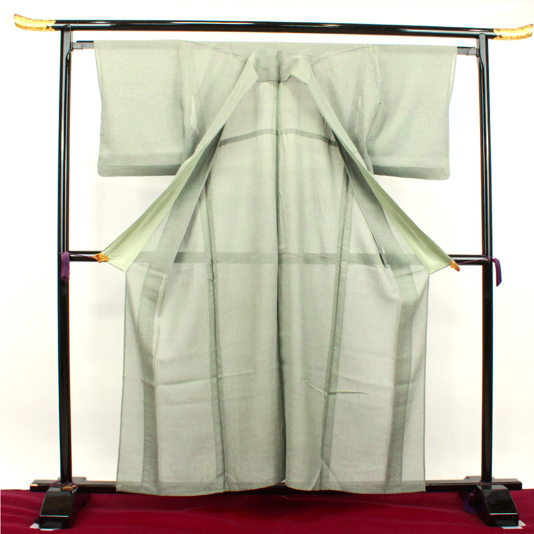 Summer pure silk tsumugi Length 159cm Sleeve length 62cm White-green color Geometric pattern Gauze S rank Green 1132001772319