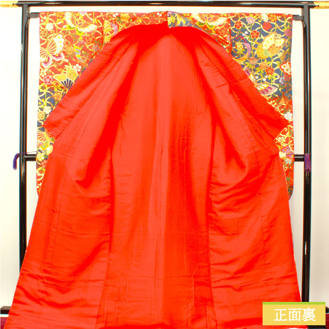 Colored uchikake, pure silk, length 192cm, sleeve length 66cm, scarlet, Karaori, butterfly, floral pattern, S rank, lined, vermilion, 1110000872916