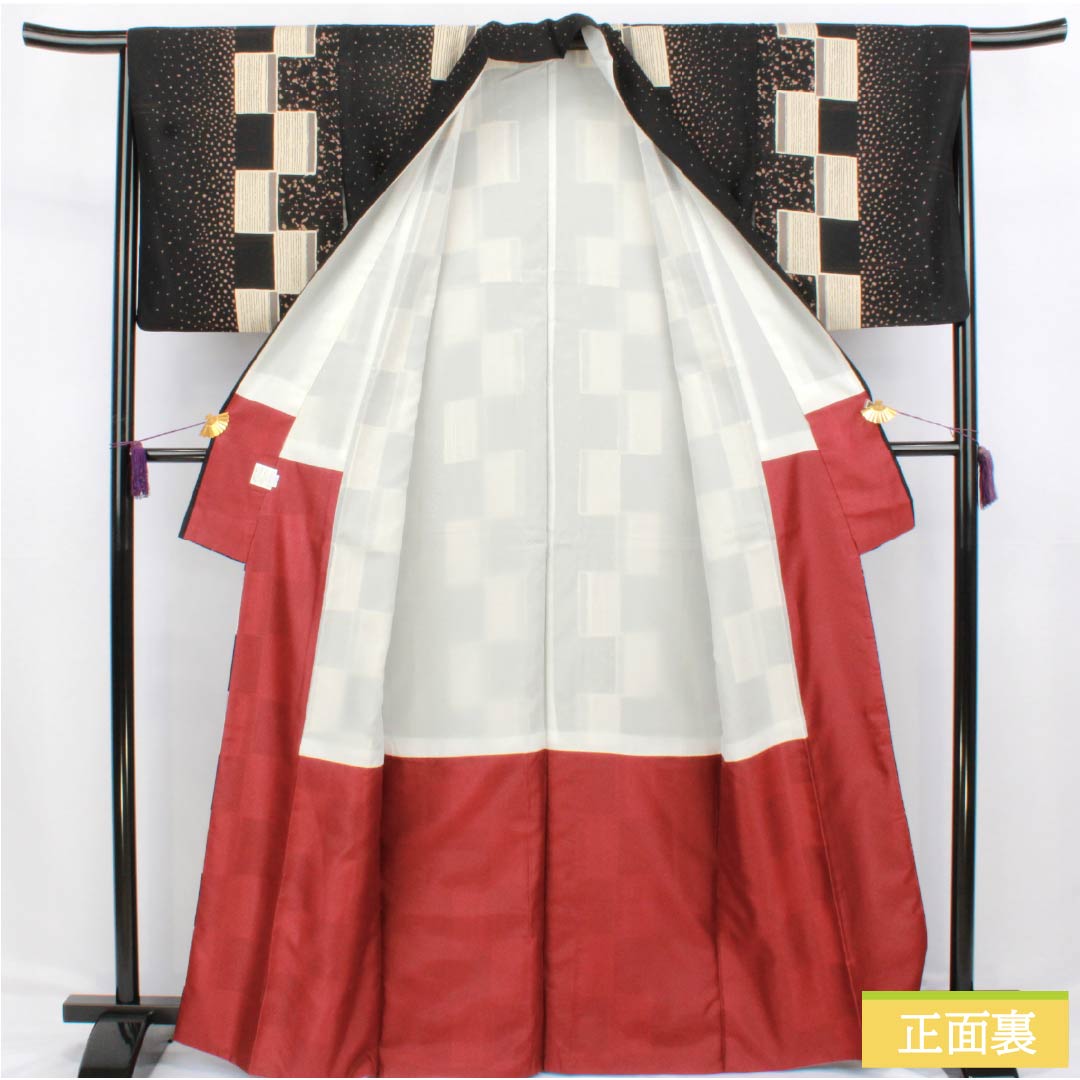 Komon (small pattern) Polyester Kimono, Rank B, Length 165.5cm, Sleeve Length 65.5cm, Lined, Dot Pattern, Checkered Pattern, Washable, Black, 1115006754510