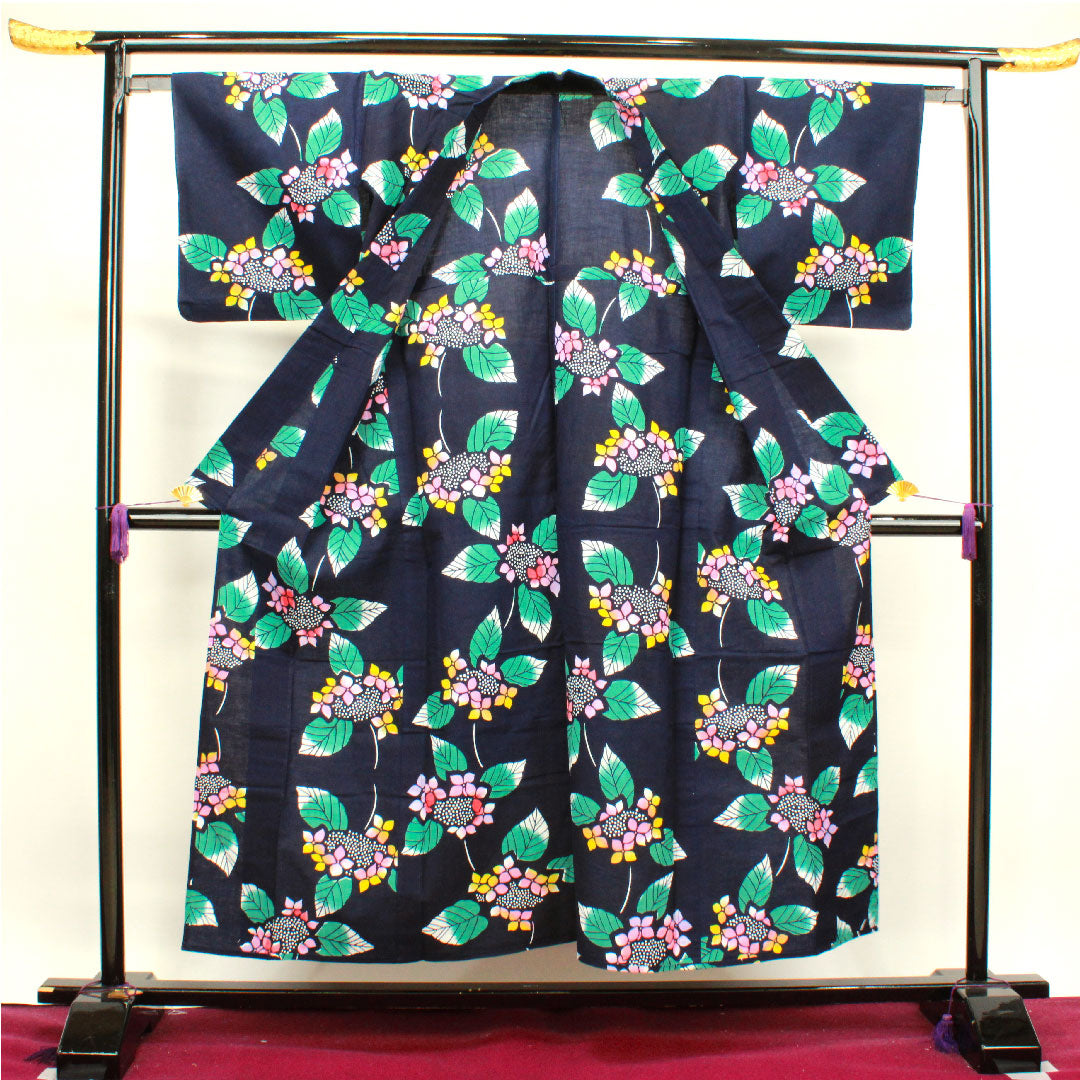 Yukata, dark blue, hydrangea, cotton, S rank, single layer, length 150.5cm, sleeve length 64cm, navy blue, 1118003062118