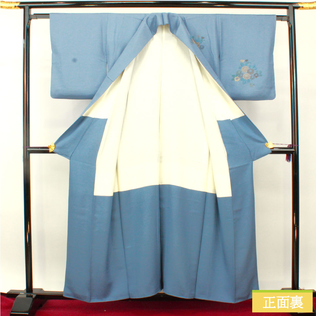 訪問着 正絹 袷 身丈158cm 裄丈63cm 薄花色(うすはないろ) 刺繍 草花模様 Aランク 青系 1112004693317