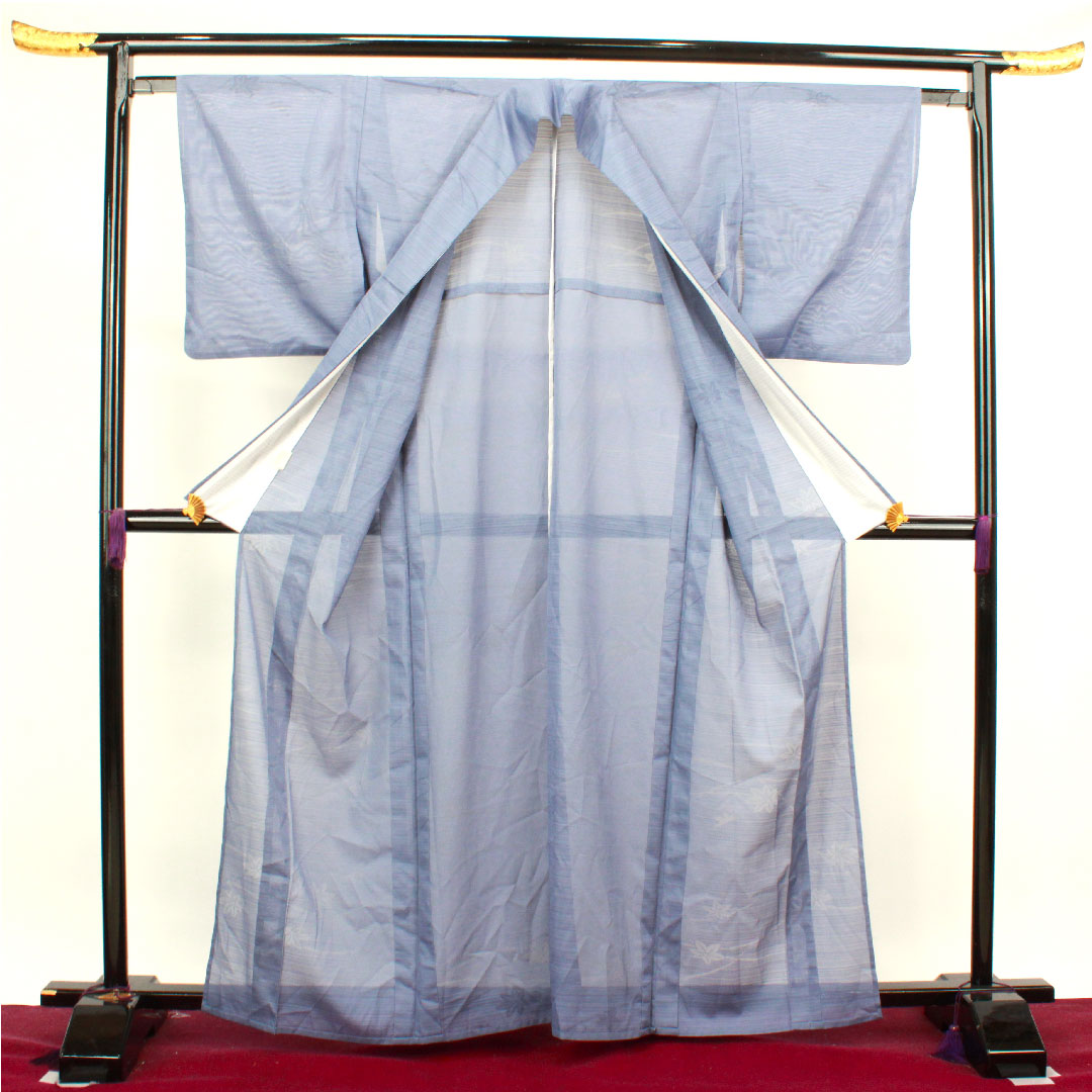 Summer kimono, polyester, plain color, length 163.5cm, sleeve length 62.5cm, Edo-nandou color, autumn leaves, washable kimono, silk, S rank, blue, 1132000852417
