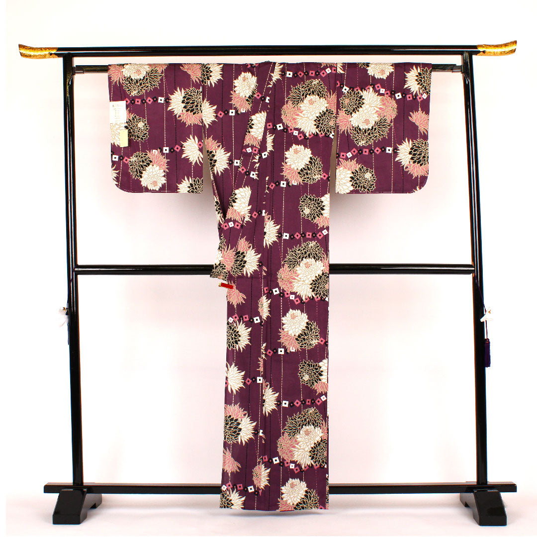 (New old stock) Yukata, Chrysanthemum, Cotton, S rank, Single layer, Length 163.5cm, Sleeve length 67cm, Purple, 1118000152420