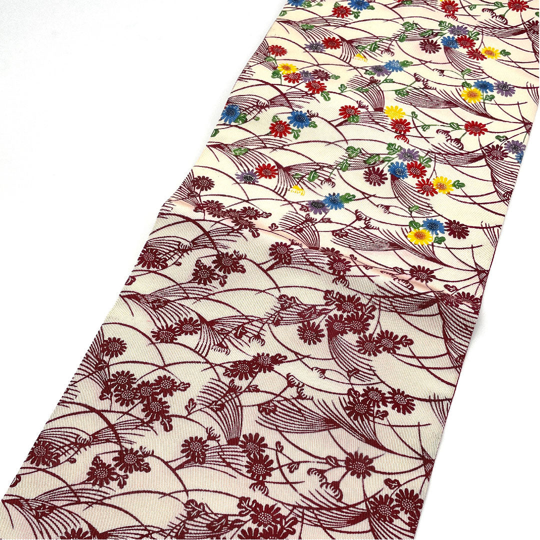 Nagoya obi with floral pattern, stencil dyeing, dyed obi, length 361.5cm, pure silk, A rank, point pattern, casual, red, 1124001883312, Nagoya style
