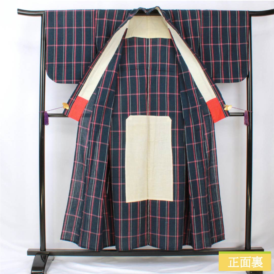 Yukata Cotton Length 154cm Sleeve length 65cm B rank Single layer Navy blue Indian indigo Shijira weave Check pattern 1118005624218