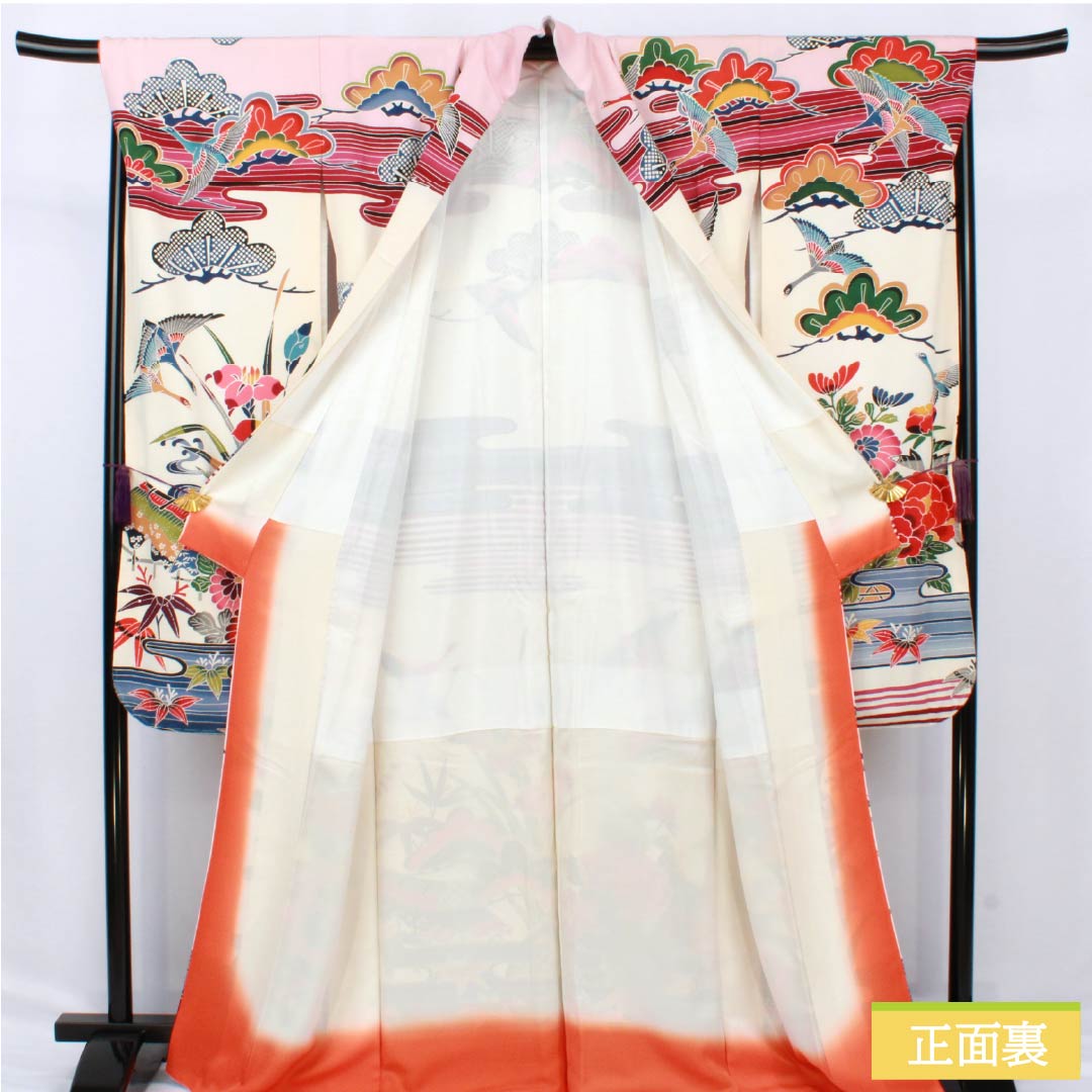 振袖 正絹 Aランク 身丈167cm 裄丈69cm 袷 生成り色(きなりいろ) 型染 吉祥文様 松 菖蒲 白系 1113002273511