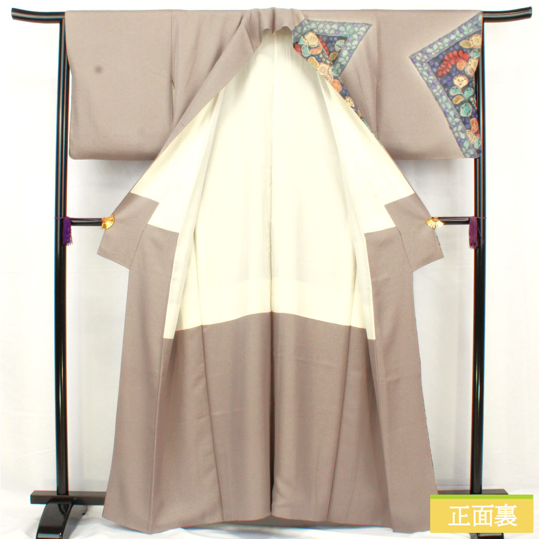 Homongi (formal kimono) made of pure silk, lined, length 159.5cm, sleeve length 64.5cm, purple-gray, Tsujigahana pattern, gold thread, A-rank, gray, 1112005063322