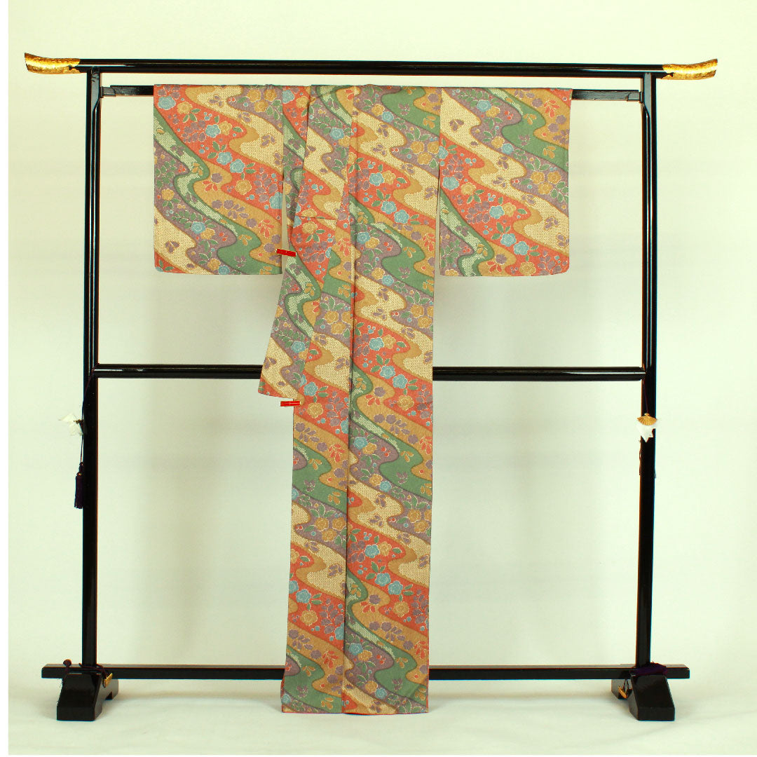 Small pattern, Length 166cm, Sleeve length 67cm, Awase, Cherry blossoms, Flowing water pattern, Pure silk, S rank, Yellow, 1115000452523