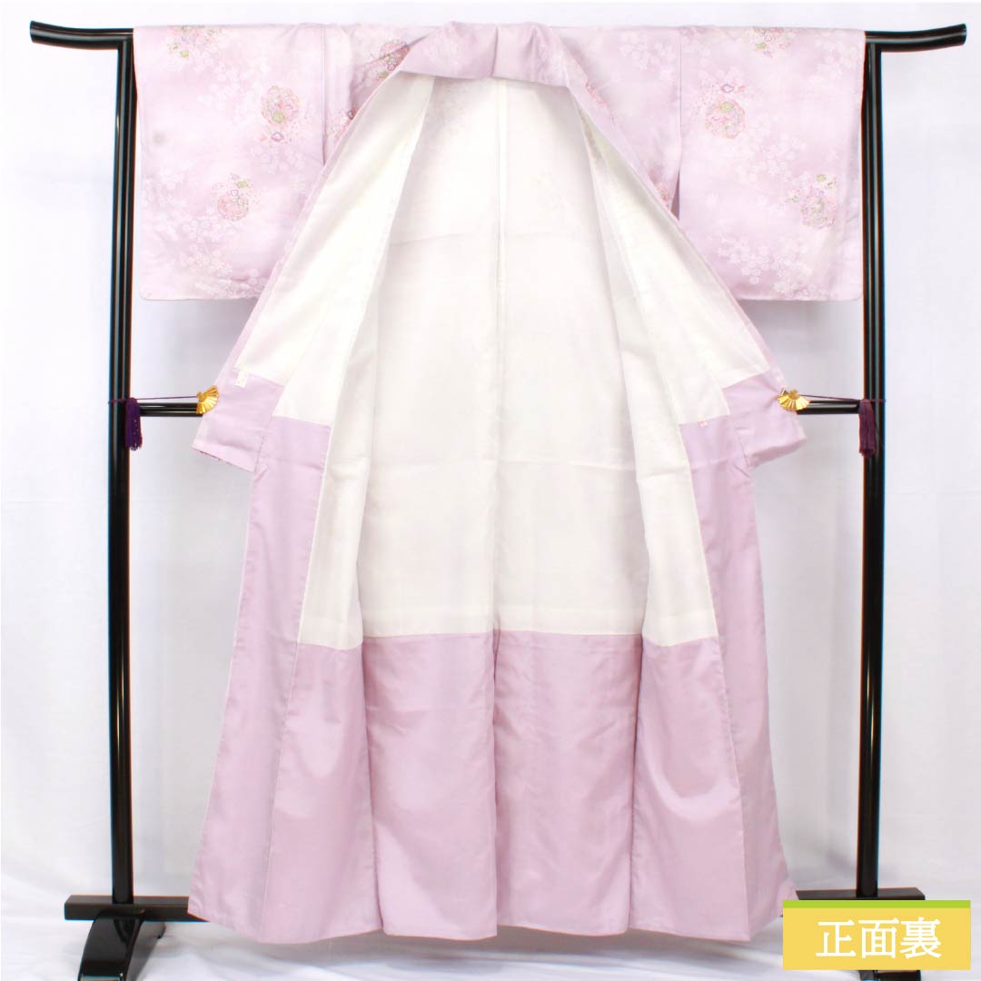 Small pattern, polyester, length 158.5cm, sleeve length 64cm, lined, white wisteria color, washable kimono, small flowers, mirror, basting thread included, A rank, purple, 1115005173320