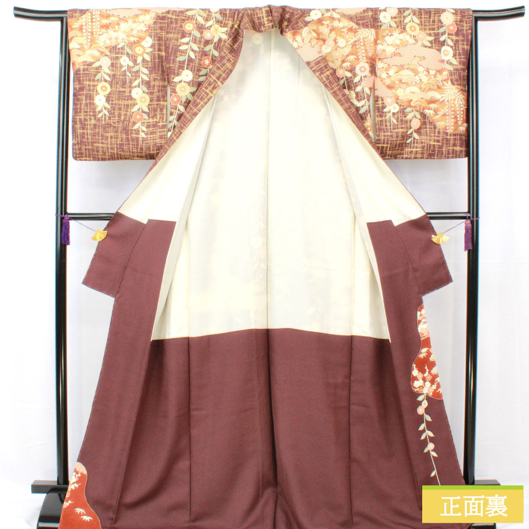 訪問着 正絹 袷 身丈170.5cm 裄丈63.5cm 黒紅梅色(くろこうばいいろ) 京友禅 松竹梅 菊 Sランク 茶系 1112004982614