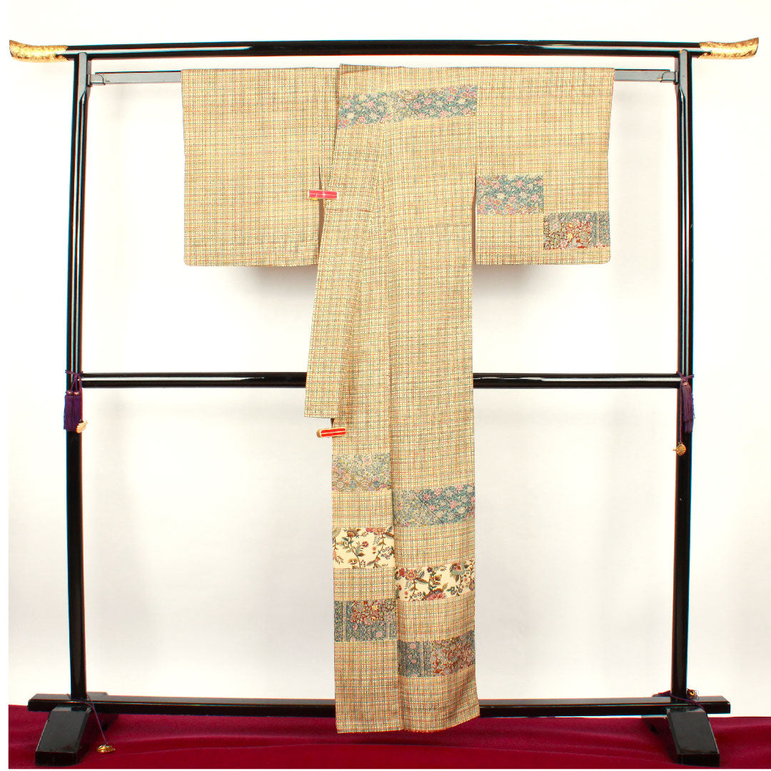 Homongi, lined, length 151.5cm, sleeve length 63cm, chintz pattern, checkered, lacquered color, pure silk, A rank, cream color, 1112001473215