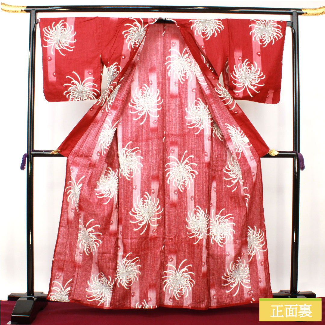 浴衣 木綿 身丈163.5cm 裄丈69.5cm Sランク 単衣 赤系 真紅色(しんくいろ) 菊 1118005132412