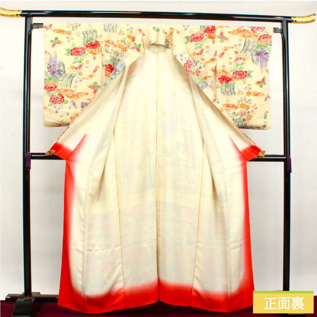 小紋 正絹 身丈161.5cm 裄丈65cm 袷 鳥の子色 型染 草花模様 Sランク クリーム系 1115003762415