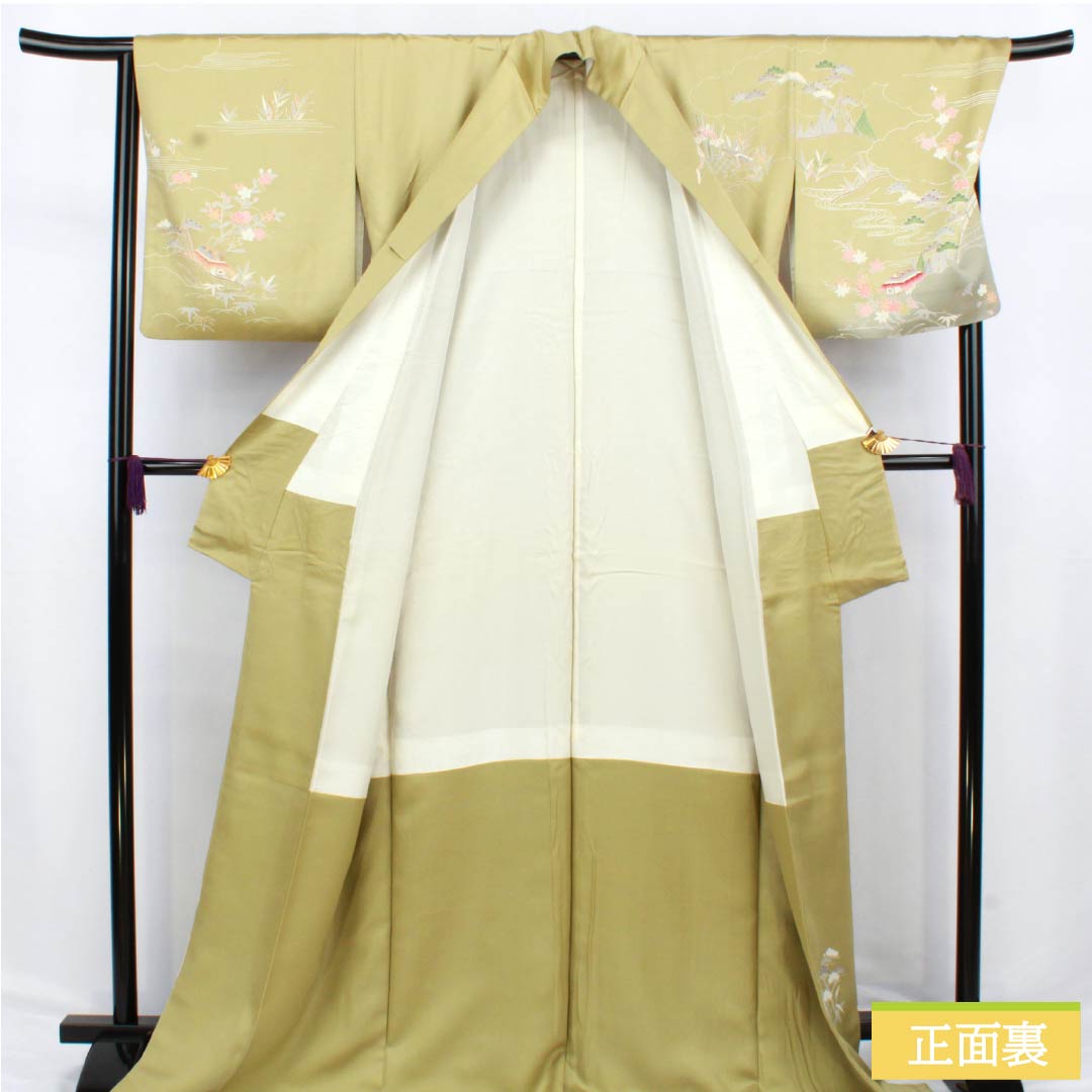 訪問着 正絹 Aランク 袷 身丈171.5cm 裄丈69cm 玉子鼠色(たまごねずいろ) 京友禅 網干 風景模様 黄系 1112006093623