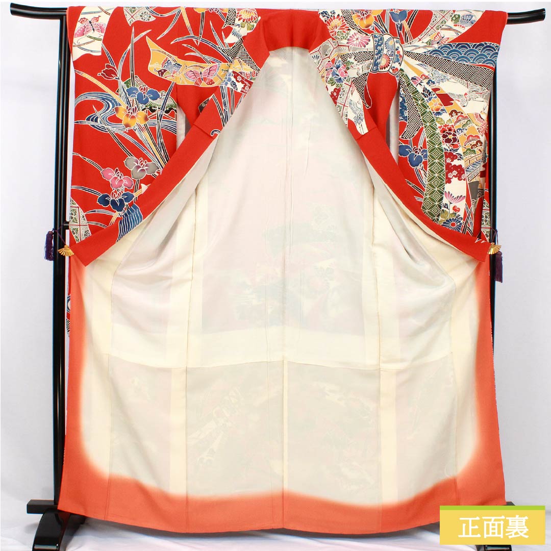 Furisode (long-sleeved kimono) made of pure silk, S-rank, length 166cm, sleeve length 67cm, lined, red, Kyoto Bingata pattern, with a bundled noshi (gift tag) and red crepe fabric, product number 1113002412512