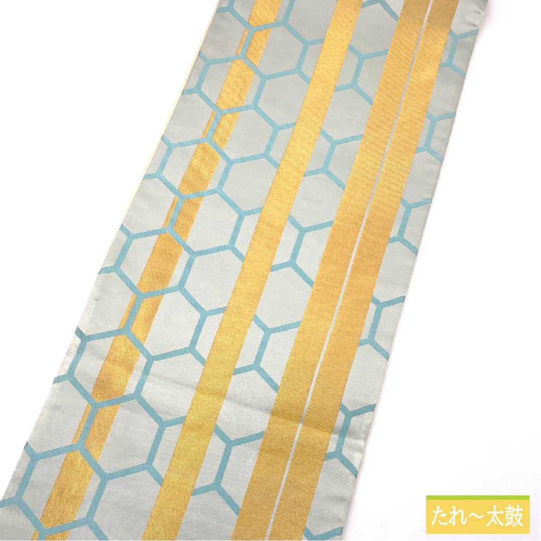 Fukuro Obi (Sash) - Pure Silk, White Indigo (Shirokiaiiro) - For Furisode (Long-sleeved Kimono) - Tortoise Shell Pattern - Length 442cm - A-Rank - Six-way - Formal - Light Blue - 1123013653324
