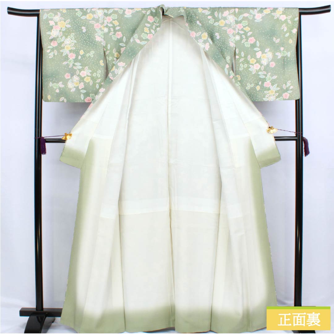 小紋 ポリエステル Sランク 身丈163.5cm 裄丈65cm 袷 裏葉色(うらはいろ) 京友禅 辻ヶ花 緑系 1115006822419