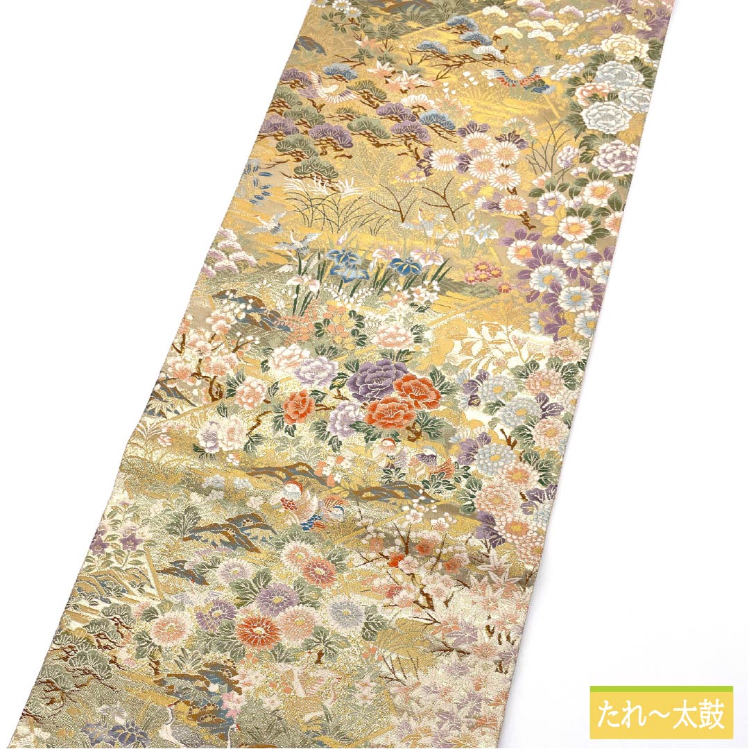 Formal, gold-tone, pure silk obi, A-rank, classic pattern, flower and bird motif for banquets, 436cm long, six-fold obi, suitable for formal wear. Product number: 1123015503321