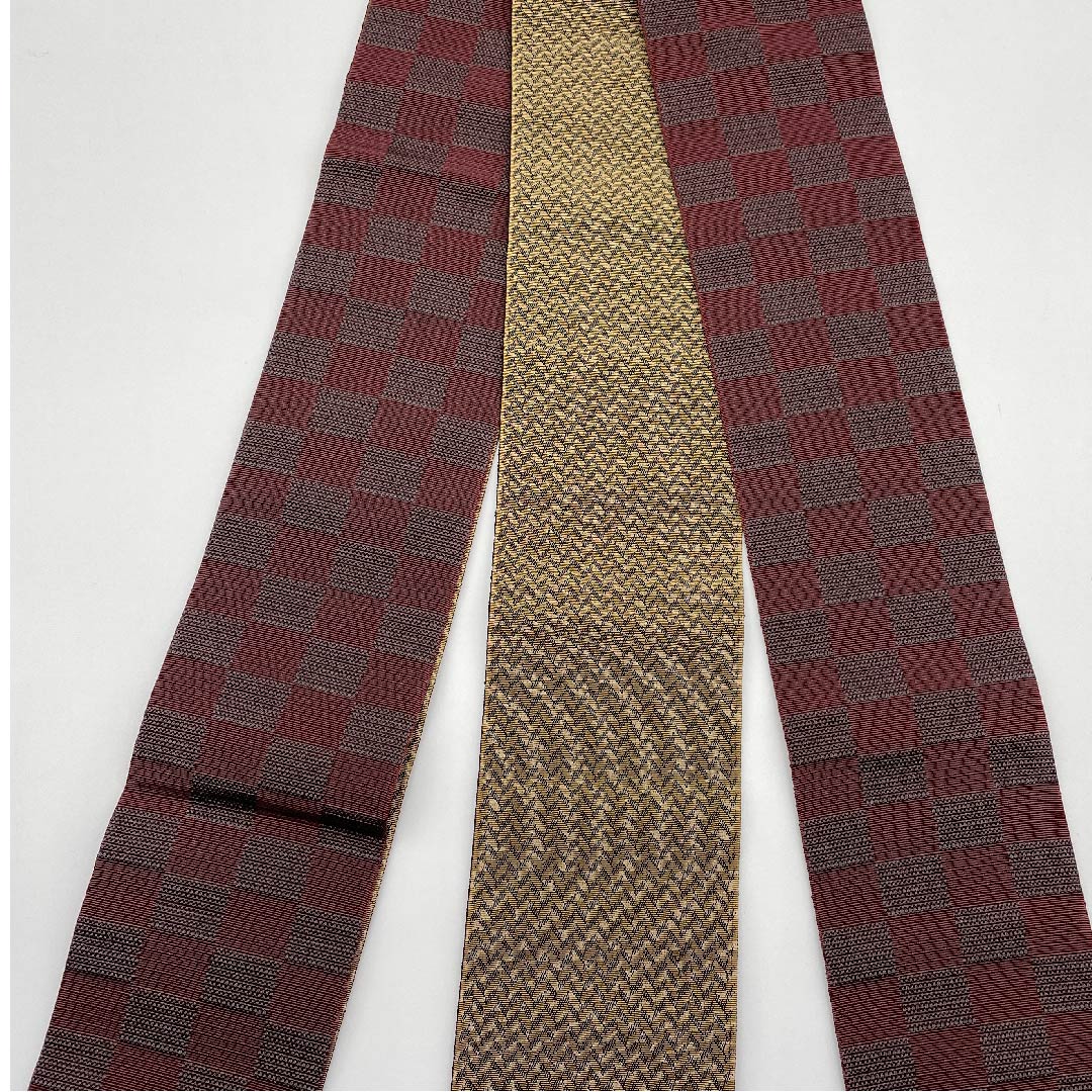 Kaku-obi (sash) made of polyester, dark red (monkfish), checkered pattern, unused, length 402cm, width 10cm, new rank, purple, 1134000081920