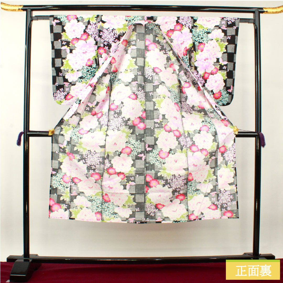 Yukata Cotton Length 138.5cm Sleeve length 61.5cm S rank Single layer Black Peony Hydrangea Butterfly Checkered 1118005122110