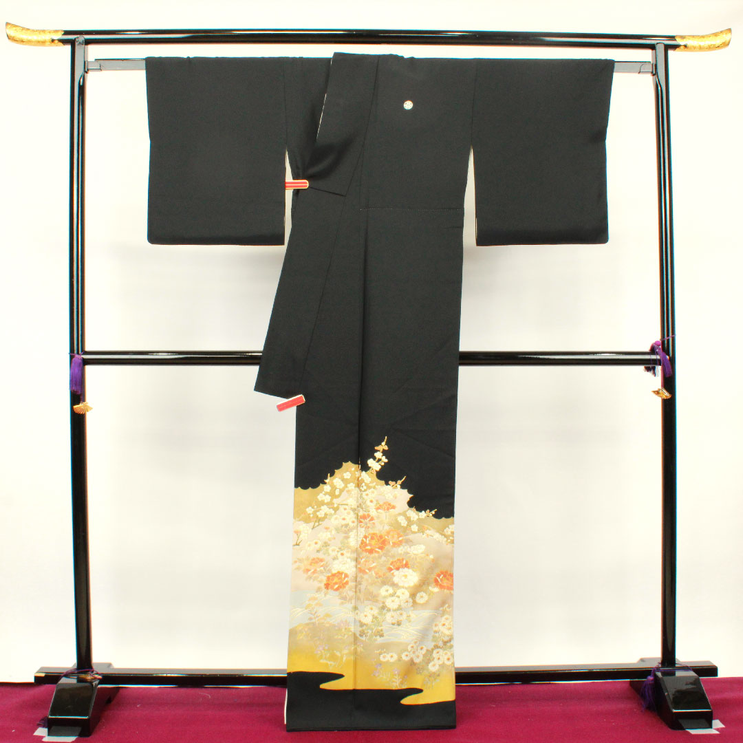 Black Tomesode, Length 166cm, Sleeve Length 66.5cm, Awase, Kyoto Yuzen, Floral Pattern, Katabami, Pure Silk, A Rank, Five Crests, Black, 1111000743510