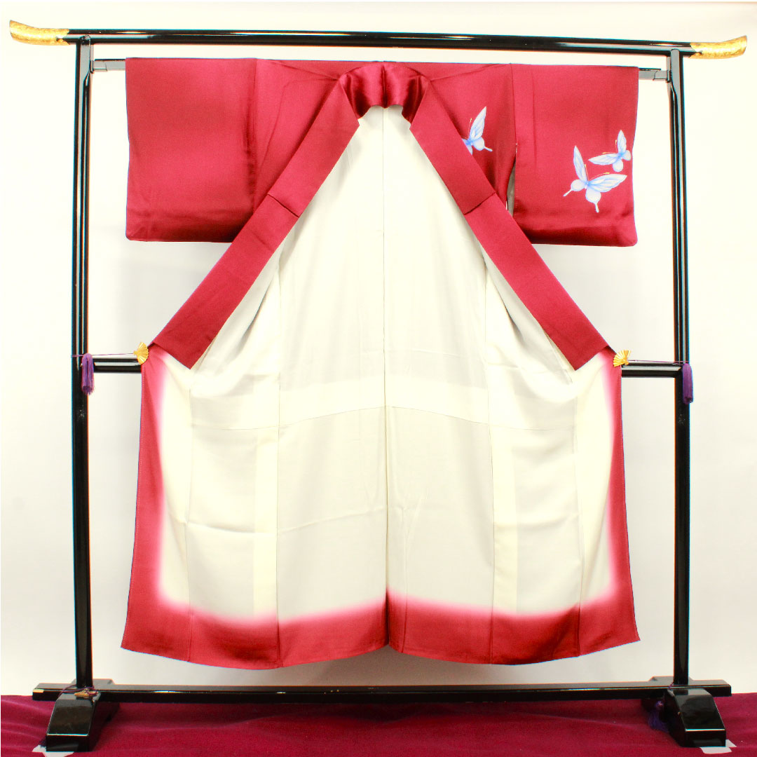 Homongi, pure silk, lined, length 151cm, sleeve length 63cm, dark red, butterfly, S rank, purple, 1112002992220