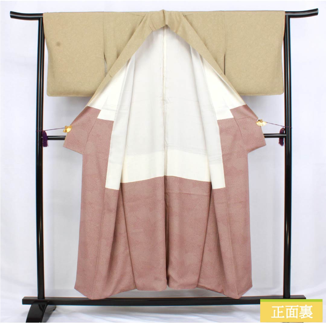 小紋 正絹 身丈150cm 裄丈64.5cm 袷 茅色(かやいろ) 墨流し染 しつけ糸付き Sランク ベージュ系 1115006292125