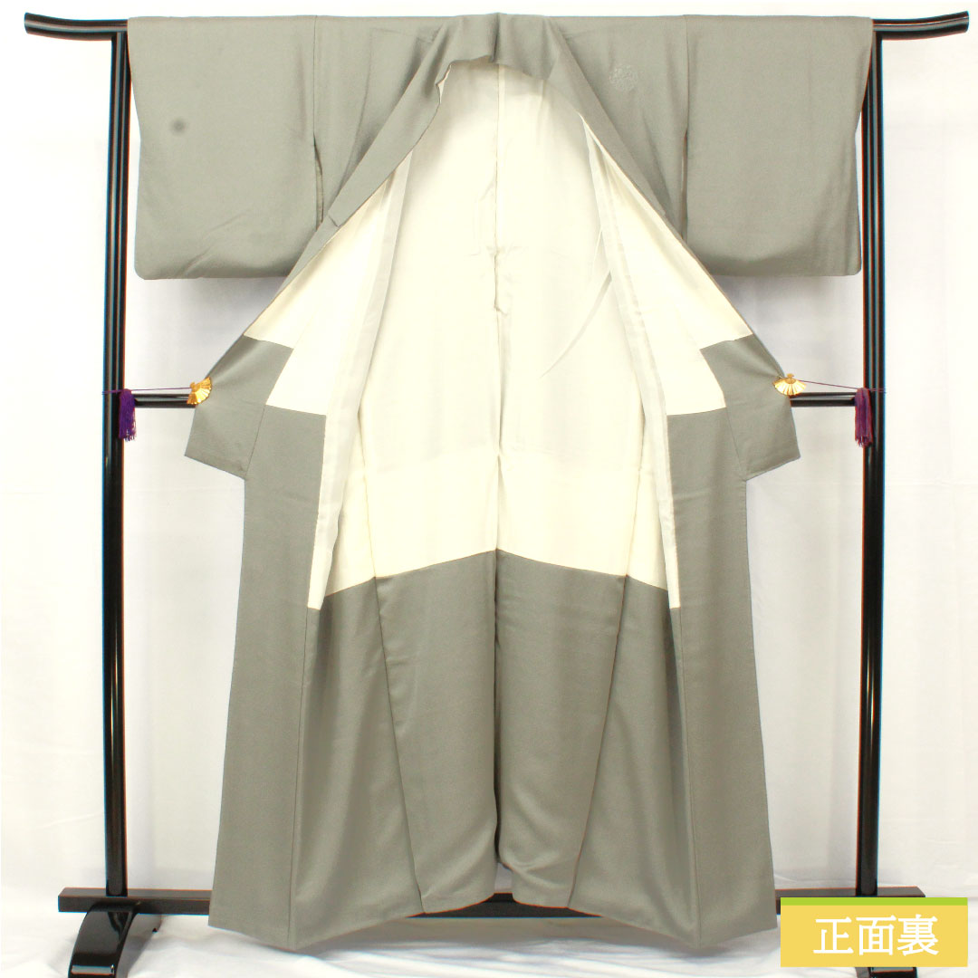 訪問着 正絹 袷 身丈156cm 裄丈62.5cm 灰色(はいいろ) 汕頭刺繡 一つ紋 片喰 雪輪 椿 Sランク グレー系 1112005022322