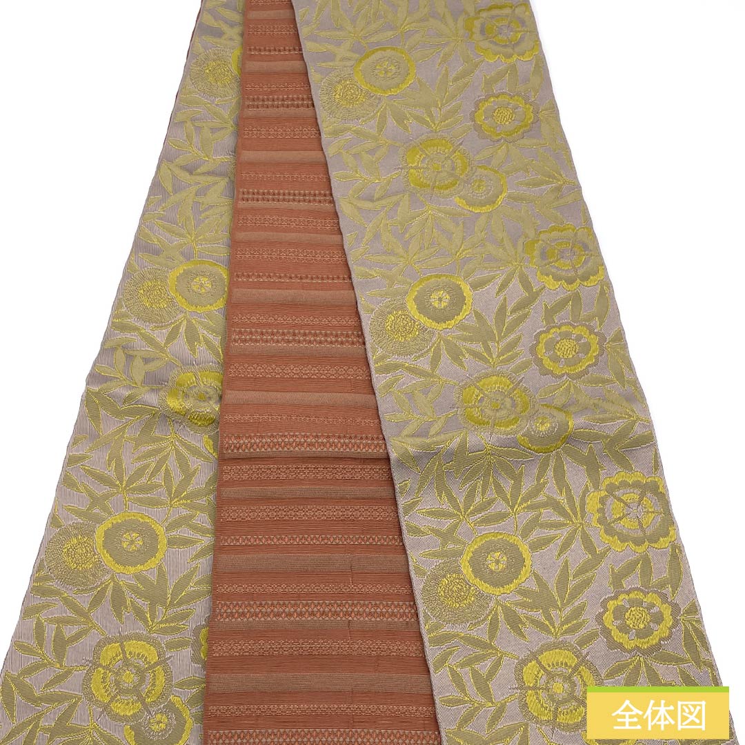 (New) Half-width obi, polyester, NEW rank, Nezumi-shino color, Shuan color, abstract floral pattern, horizontal stripes, reversible, obi length 400cm, brown-toned, 1125002711414