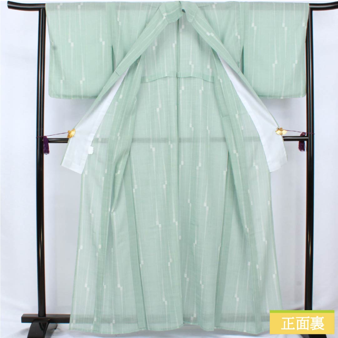 Summer kimono, polyester, small pattern, length 163cm, sleeve length 65cm, light blue (usumizuiro) striped, washable, gauze, S rank, green, 1132002662419