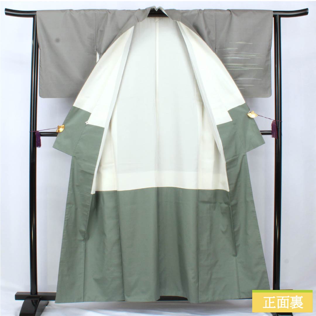 Homongi (visiting kimono) made of pure silk, S-rank, lined, length 158cm, sleeve length 65cm, natural gray (sunetsuiro) Hakusan Tsumugi silk with pearl-tone stitching and gray accents. Product code: 1112006112322
