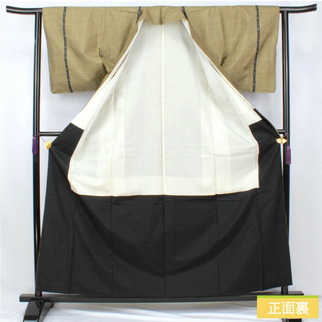 Silk Tsumugi (S-Rank) - Length 160.5cm, Sleeve Length 62cm, Kobichairo (Lustful Brown) - Authentic Oshima Tsumugi, Ichigen Kasuri Pattern, 7 Marks, Lined, Green, Product Number: 1116004522419