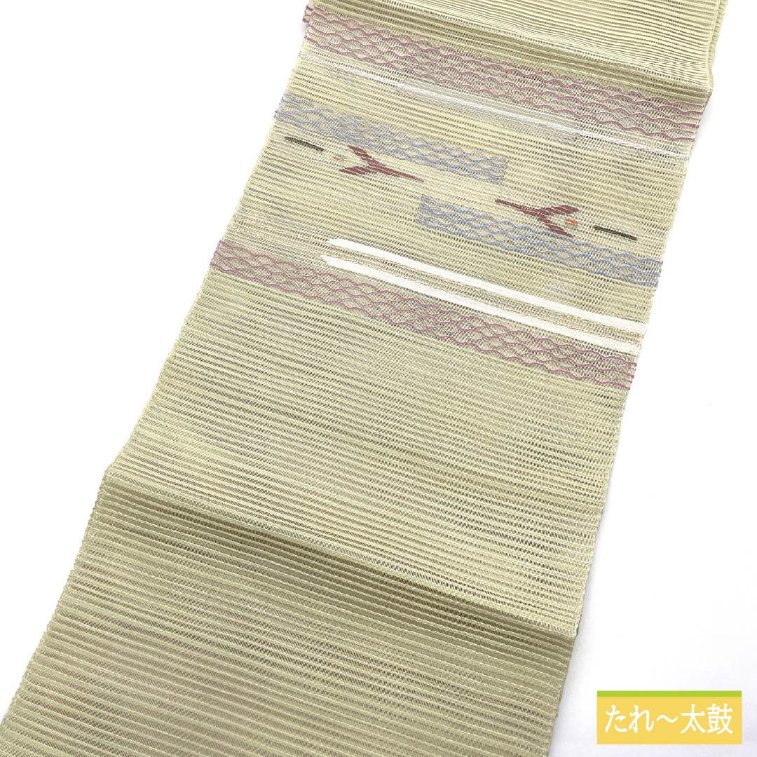 Nagoya Obi, Sulfur-Colored (Iouiro), Summer Obi, Comb Weave, Abstract Pattern, 365cm Long, Pure Silk, S-Rank, Pointed Pattern, Casual, Green, Pine Needle Style, Product Number: 1124008642319