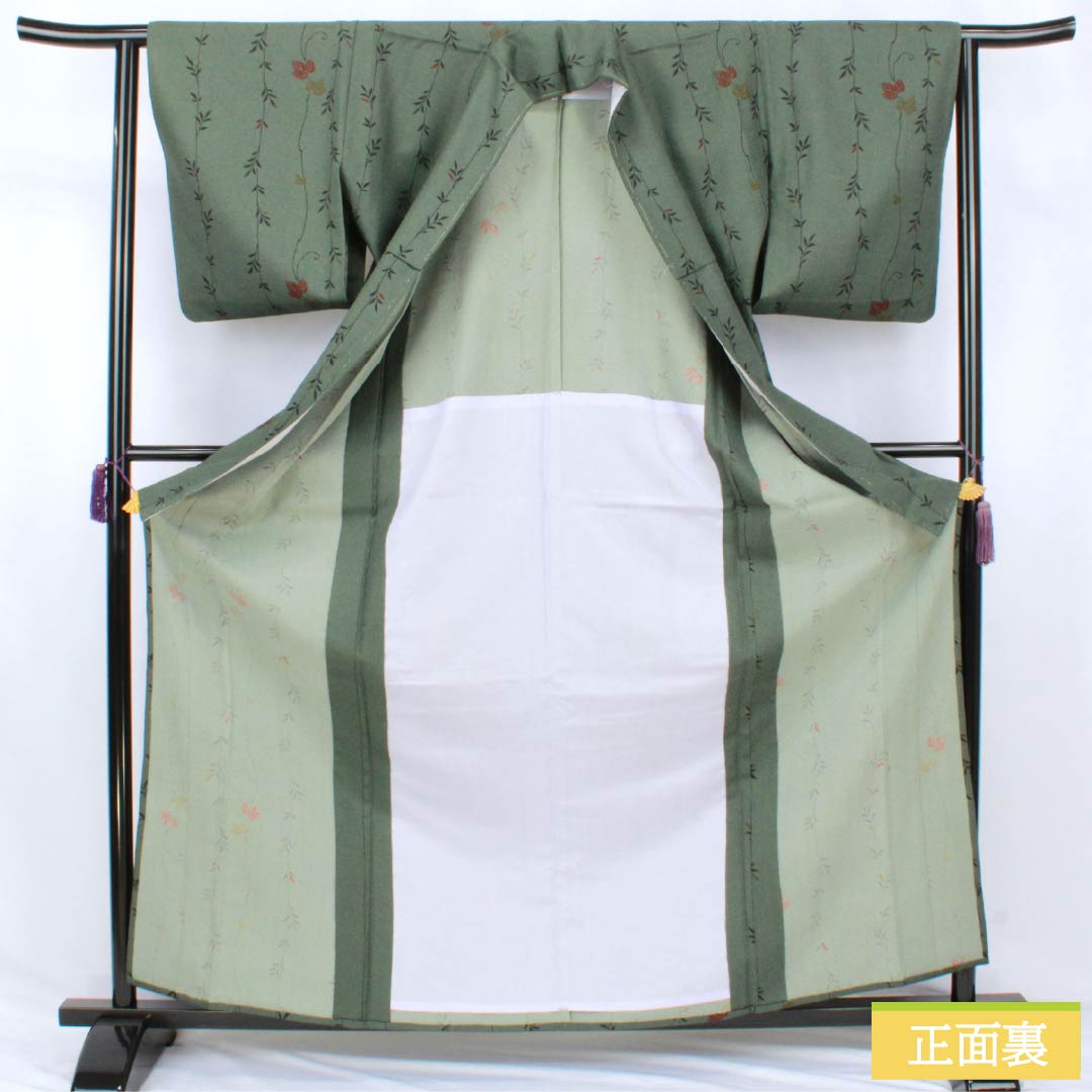 Komon Polyester S-rank length 164.5cm sleeve length 62cm unlined Shima-matsunezu-iro (dark gray with a hint of green) stenciled grass and leaves, with hip lining, green family 1115007992419