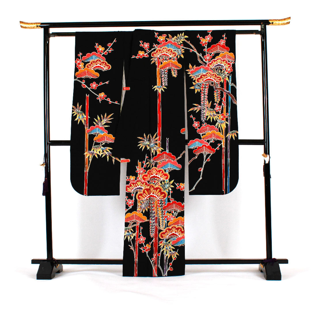 振袖 身丈166cm 裄丈67cm 袷 京紅型 松竹梅模様 正絹 Aランク 黒系 1113000523510