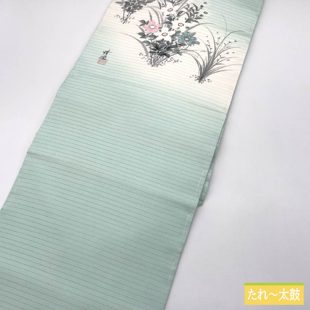 名古屋帯 正絹 薄浅葱色(うすあさぎいろ) 夏帯 作家物 染め帯 帯丈379cm Sランク ポイント柄 セミフォーマル 緑系 1124008552319 名古屋仕立て