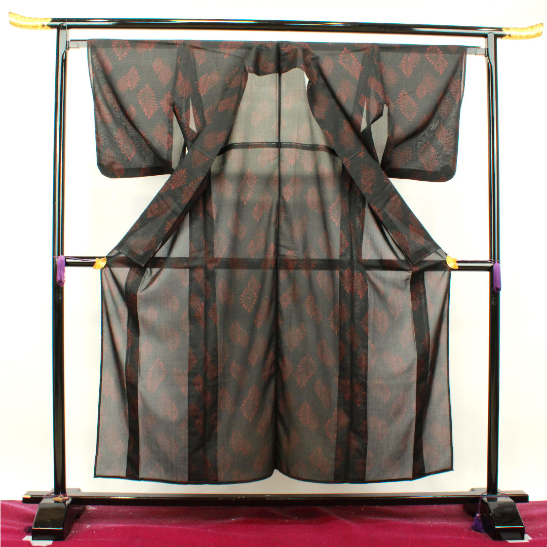 Summer kimono, polyester, pongee, length 154.5cm, sleeve length 64.5cm, Kikubishi, washable kimono, with basting thread, gauze, S rank, black, 1132000922210