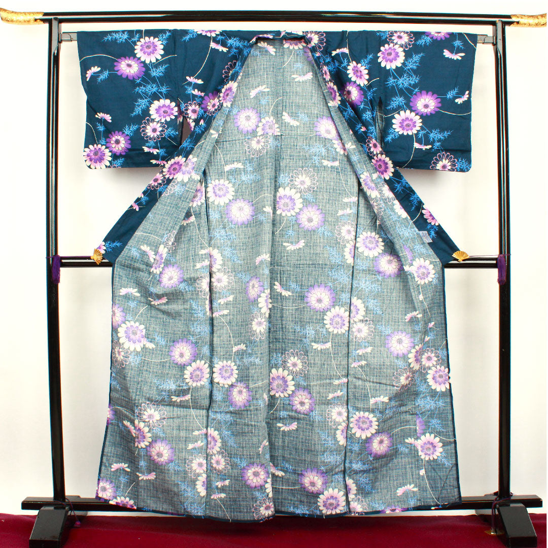 Yukata, deep blue, cosmos, cotton, A rank, single layer, length 163cm, sleeve length 66.5cm, navy blue, 1118000963418