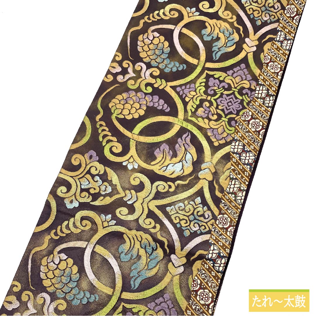 Pure silk obi with a grape arabesque and floral motif, length 440cm, S rank, six-fold, semi-formal, gradient pattern, product number 1123014822399