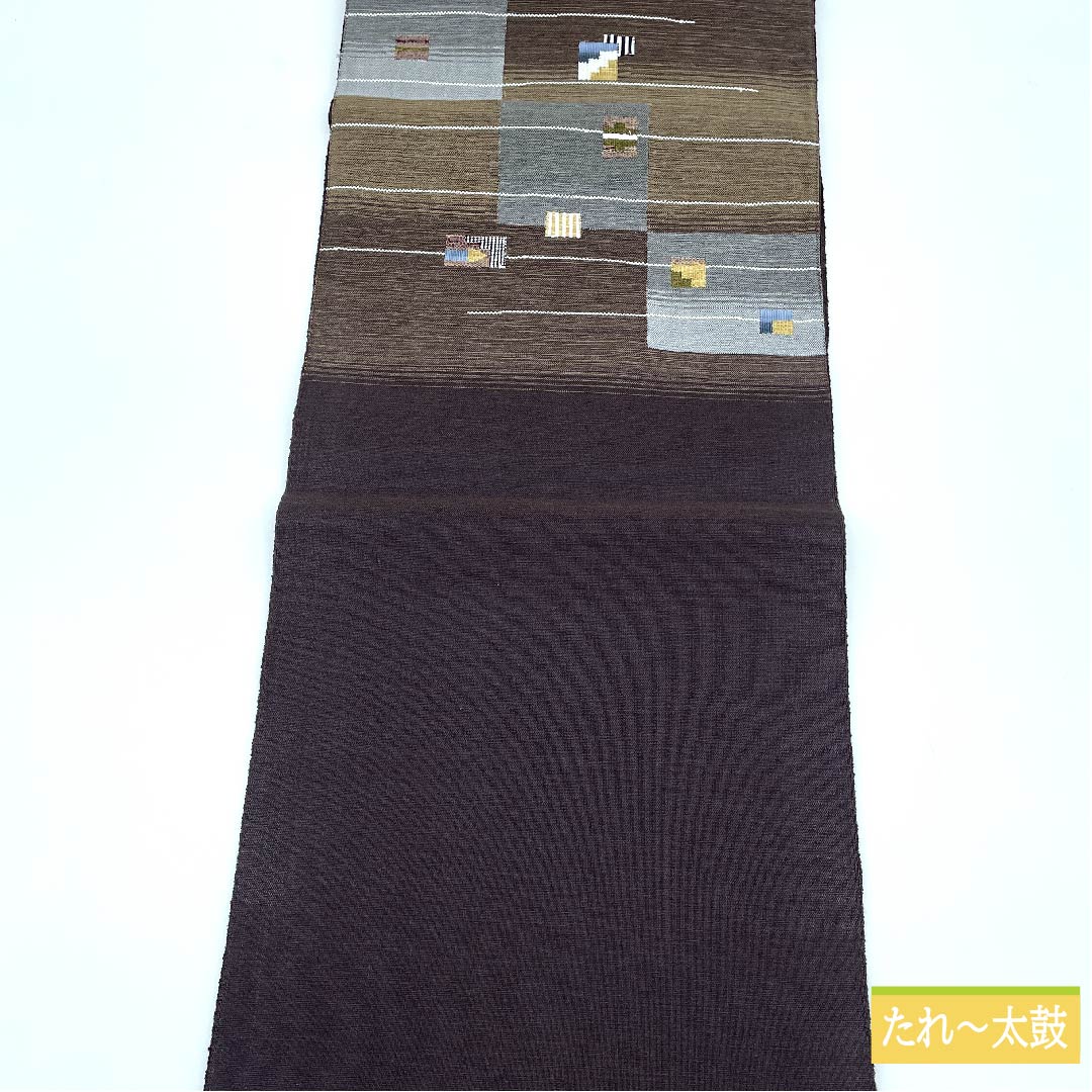 Nagoya obi, kimono color, checkered pattern, horizontal stripes, obi length 400cm, pure silk, S rank, point pattern, casual, brown, 1124006432414, pine needle style