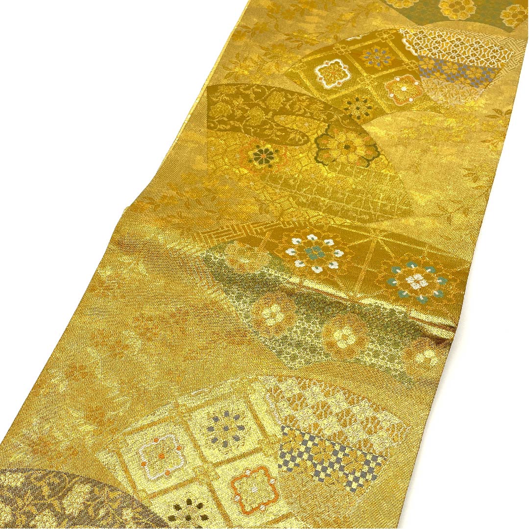 袋帯 金色 正倉院文様 宝相華 扇面 帯丈438cm 正絹 Aランク 六通 フォーマル 金系 1123002863321