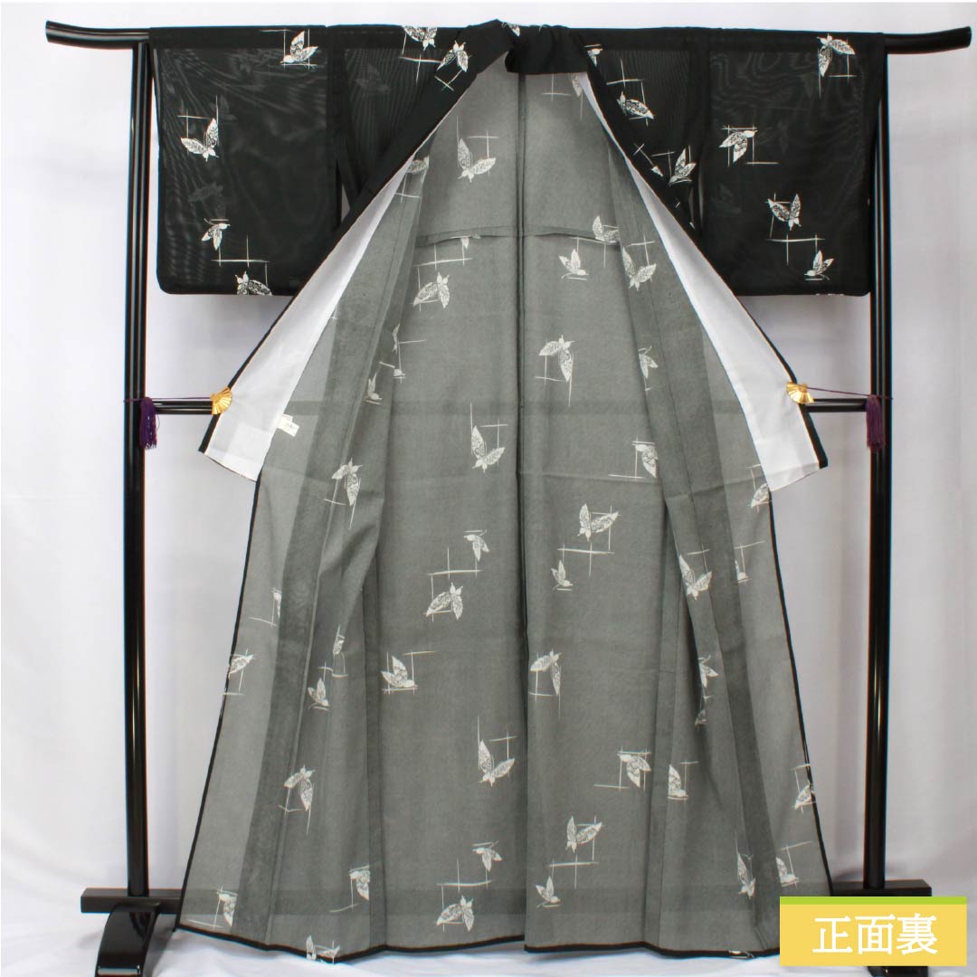 Summer Polyester Komon Kimono, Length 165.5cm, Sleeve Length 64cm, Plaid and Butterfly Design, Silk, Rank A, Black, 1132002383510
