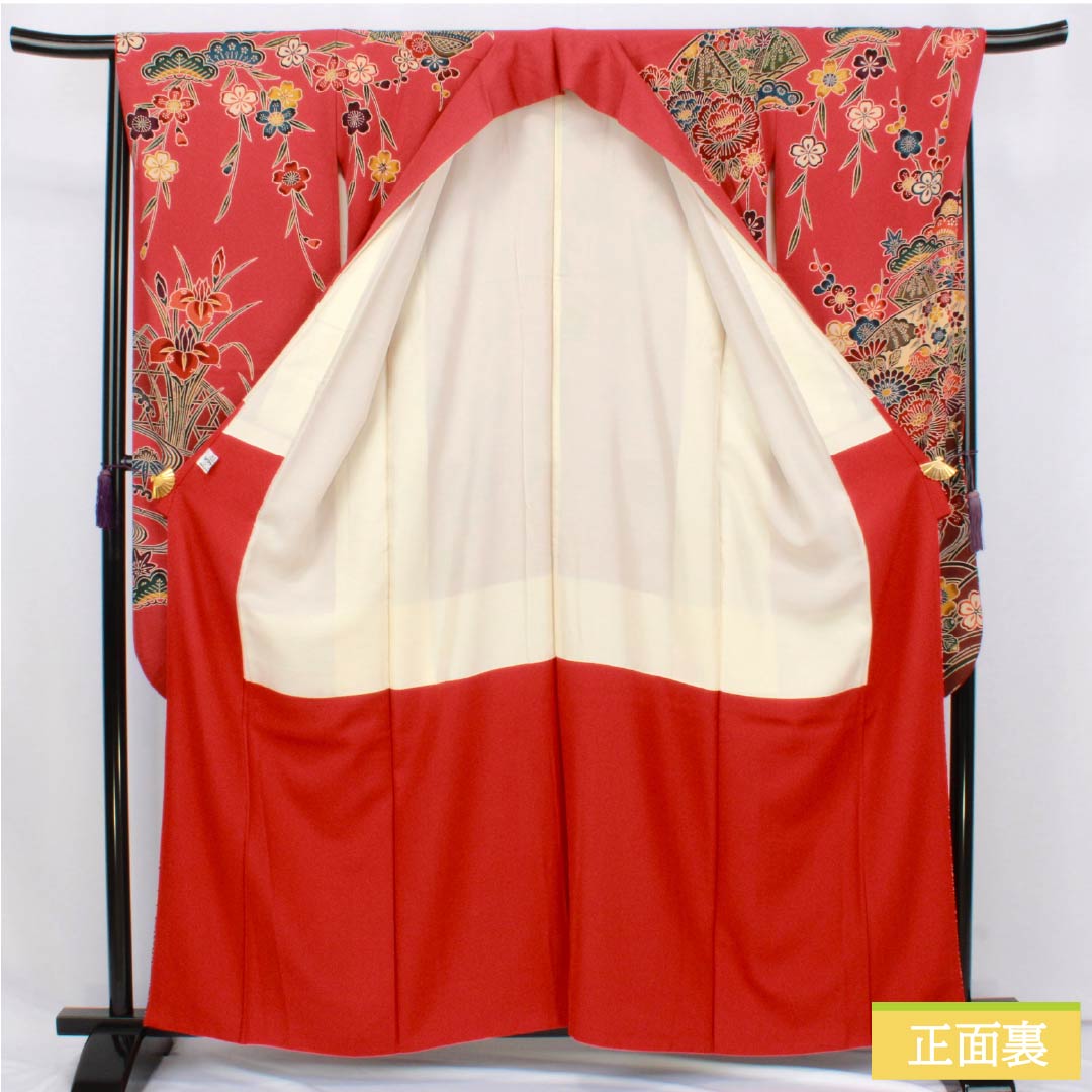 振袖 正絹 Sランク 身丈162.5cm 裄丈68cm 袷 紅絹色(もみいろ) 京紅型 吉祥文様 草花 扇面 流水 赤系 1113002672412