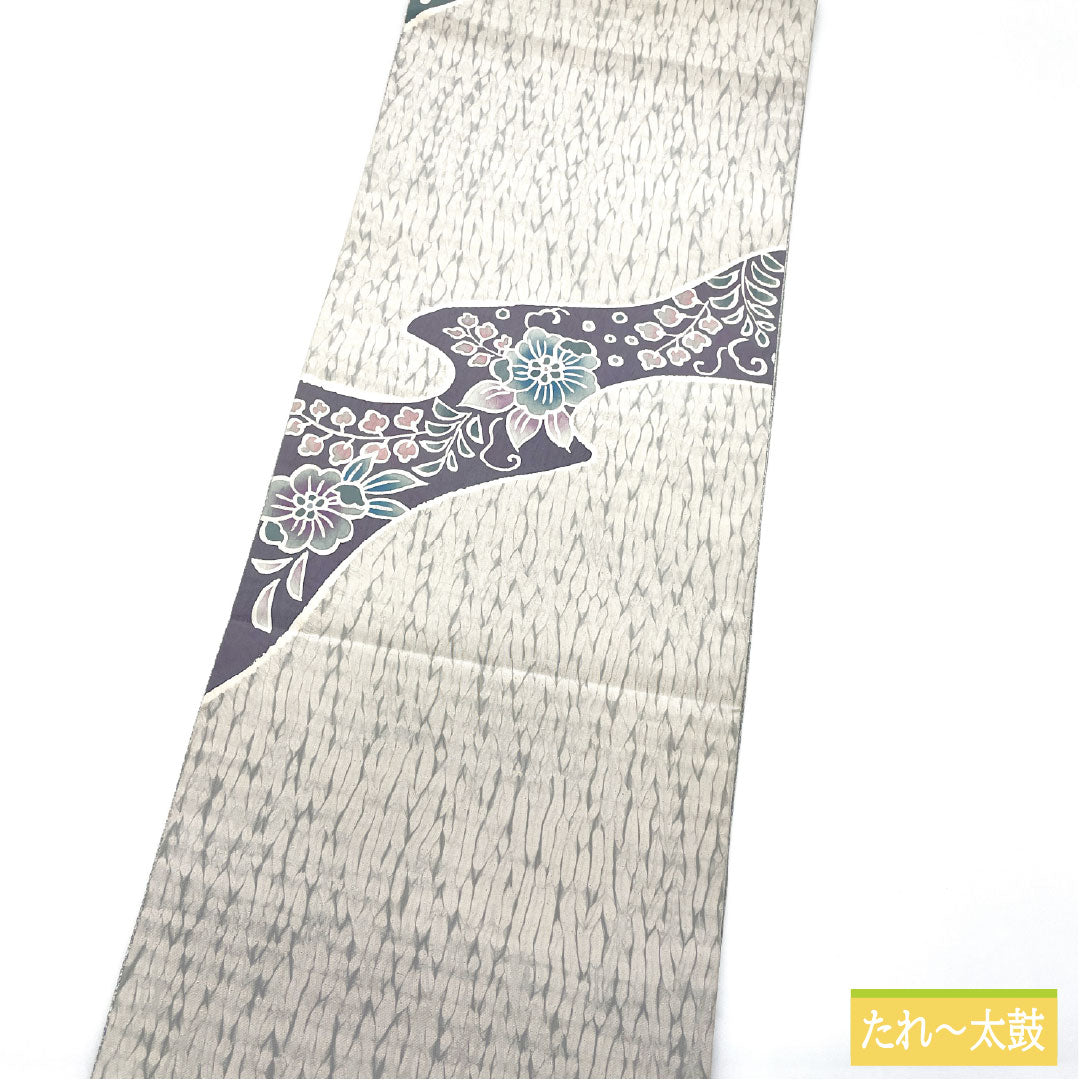 Fukuro Obi (Sleeve) - Pure Silk, S-Rank, Unohana-iro (Unohana Color), Dyed Obi with Tornado-Shibori Pattern and Abstract Floral Design, Length 446cm, Pointed Pattern, Casual, Gray, Item Number: 1123016632322