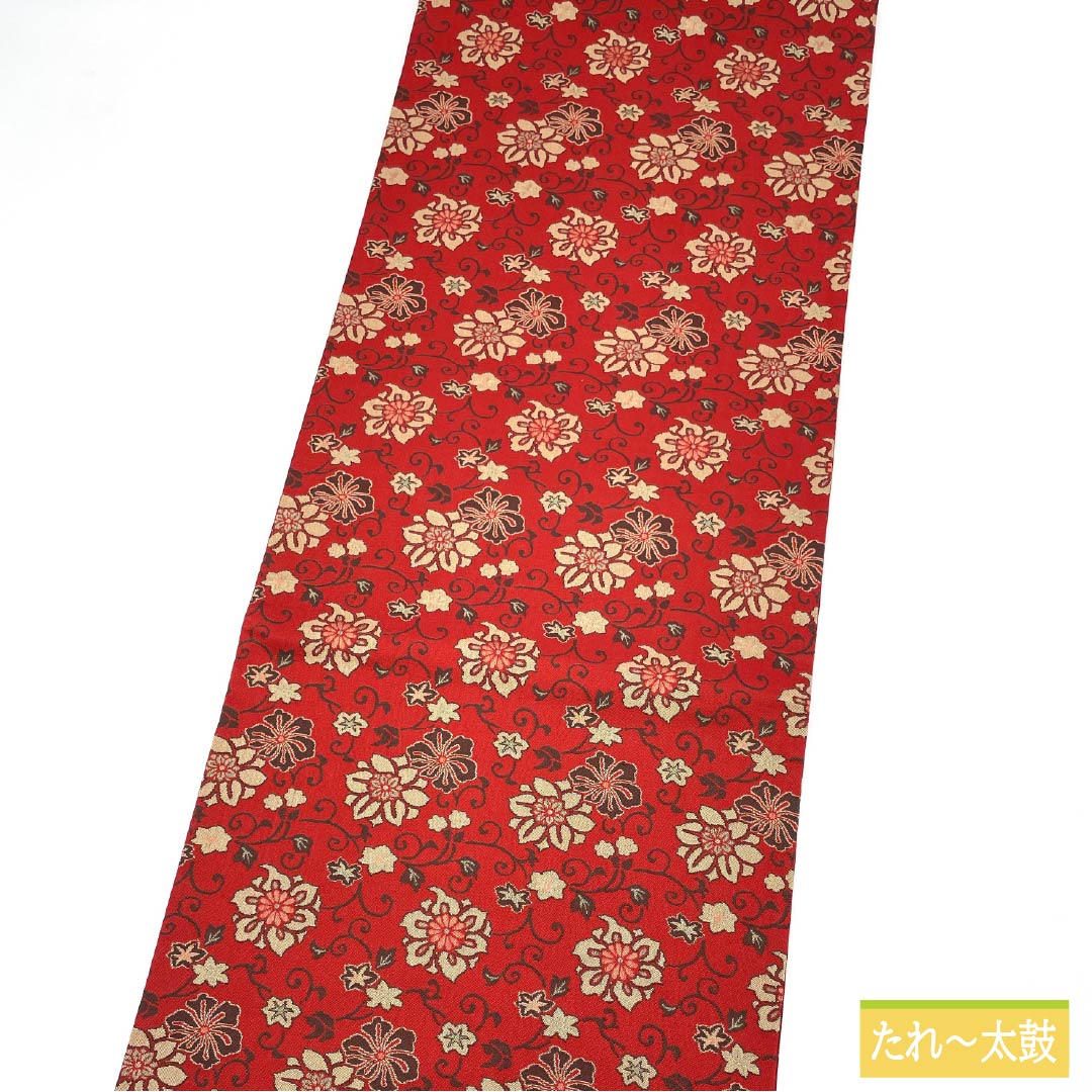 袋帯 正絹 赤紅色(あかべにいろ) 花唐草 帯丈428cm Sランク 全通 カジュアル 赤系 1123013242312