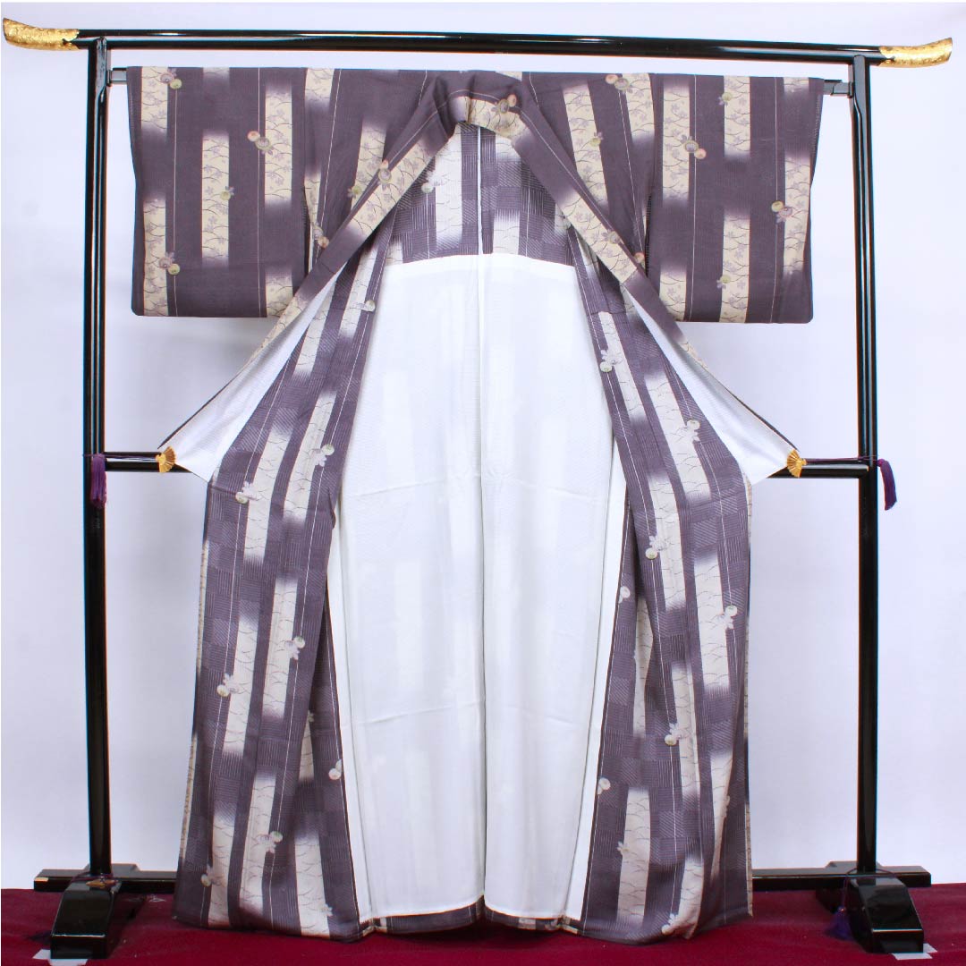 Summer pure silk komon length 165.5cm sleeve length 66.5cm deep purple cherry blossom dew grass flower pattern silk S rank purple 1132000132520